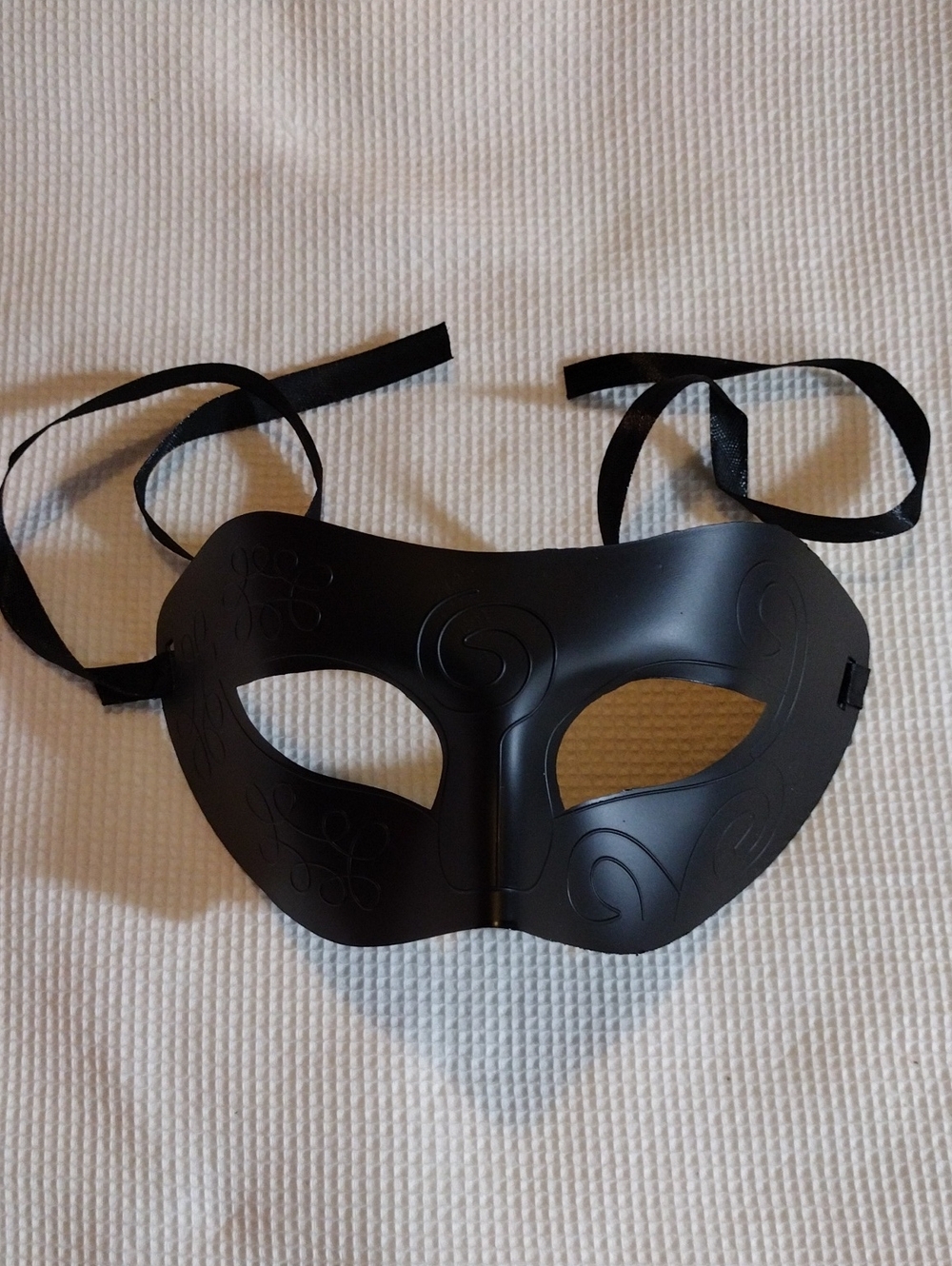 Black Plastic Masquerade Mask with Ribbon Ties